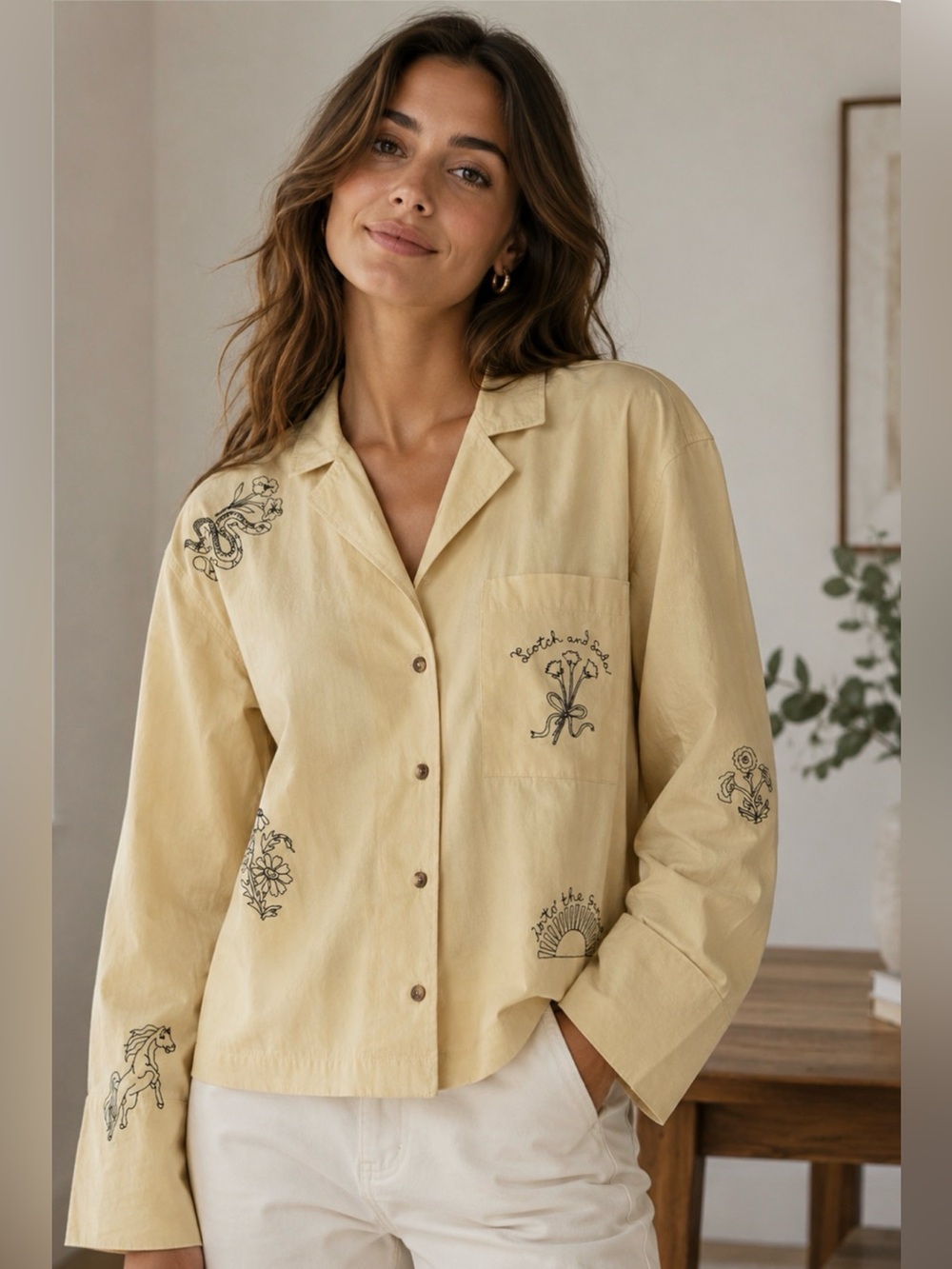 Scotch & Soda Pale Yellow Embroidered Button-Front Shirt